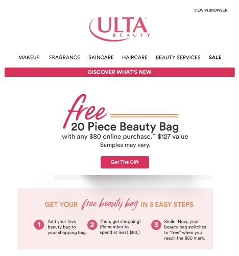 Ulta Beauty免费赠送20个美容包。