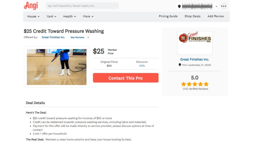 Angi的产品页面上有“25美元信用压力洗涤”
