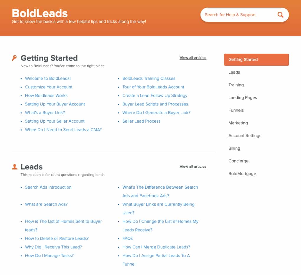 BoldLeads帮助中心页面，有数百篇文章详细回答问题。