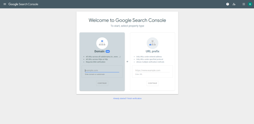 谷歌搜索控制台欢迎页面。