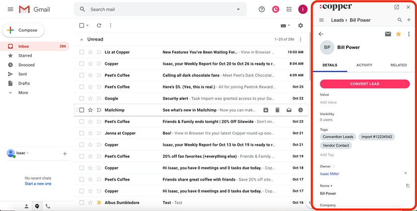 Gmail帐户，有一个铜管理线索。