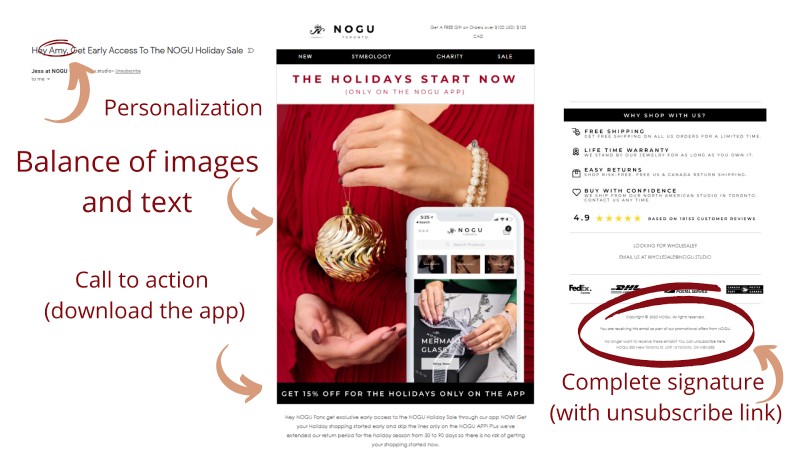 电子邮件爆炸示例显示个性化，一个CTA，和一个完整的签名与Nogu的退订链接。