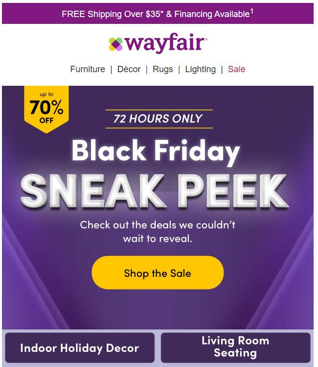 Wayfair黑色星期五偷窥电子邮件爆炸与CTA(“商店打折”)。