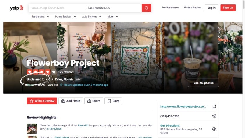 Flowerboy项目Yelp页面作为无人认领的Yelp商业档案的一个例子。