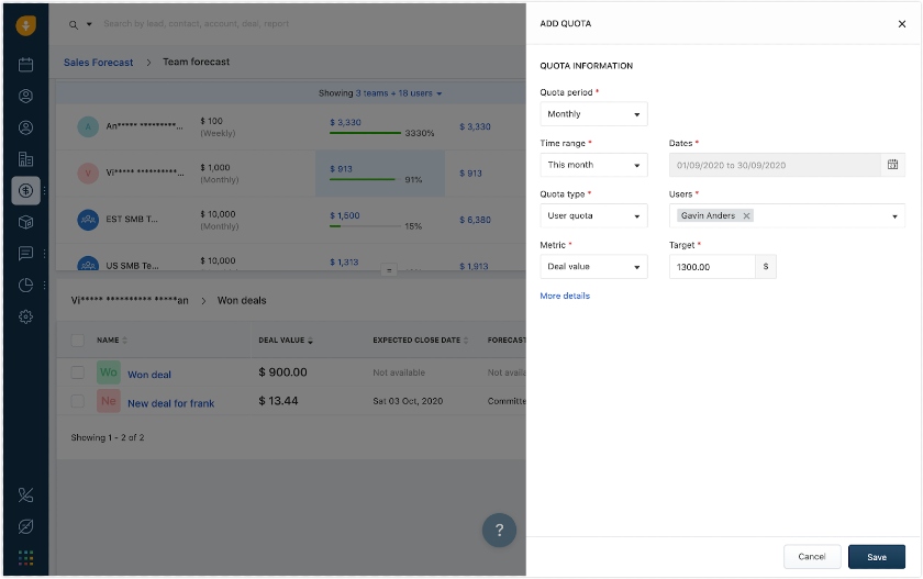 Freshsales添加配额表单设置。