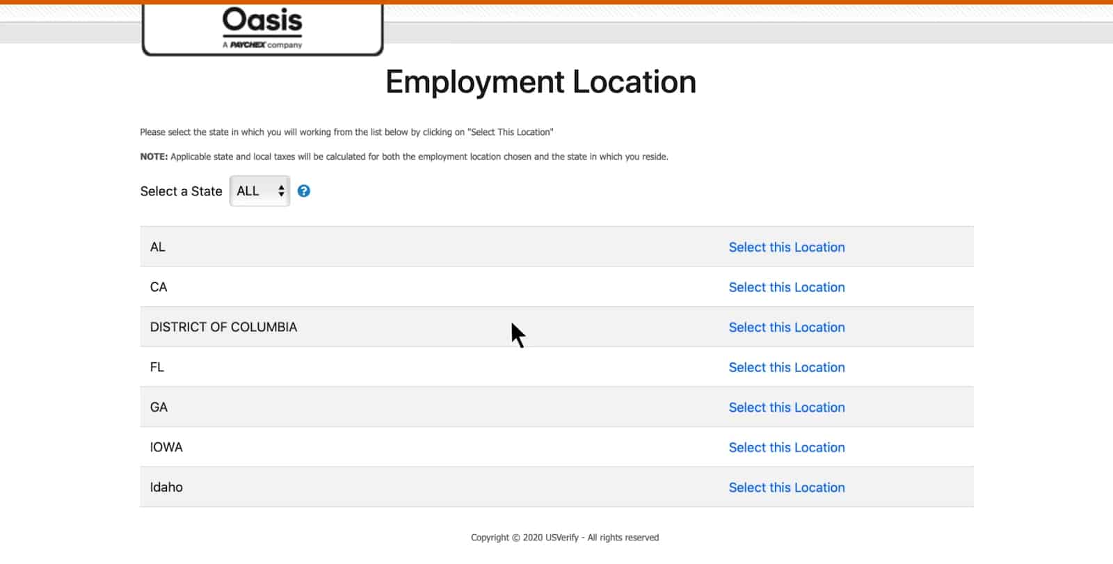 绿洲的就业地点页面，新员工可以通过选择州和点击“选择这个位置”按钮来选择他们的位置。