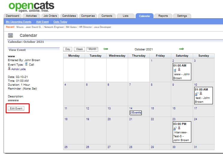 OpenCATS日历工具截图