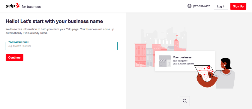 Yelp for Business欢迎页面，带有企业名称的搜索框。