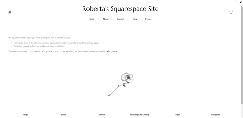 罗伯塔的Squarespace网站显示了一个自定义的404错误页面。
