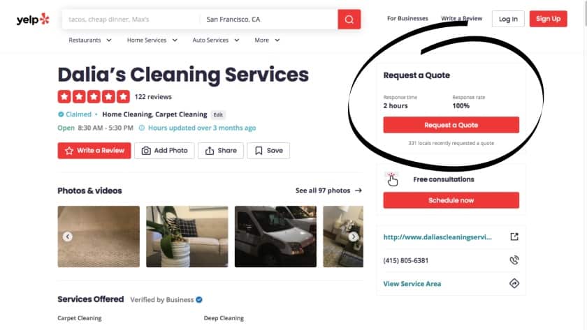在Yelp商业资料上申请Dalia的清洁服务报价CTA。