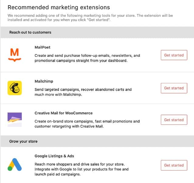 在WooCommerce中显示推荐的营销扩展。