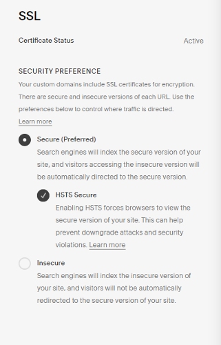 SSL证书状态和安全首选项。