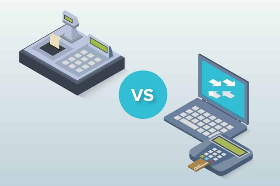 Showing pos system vs cash register.