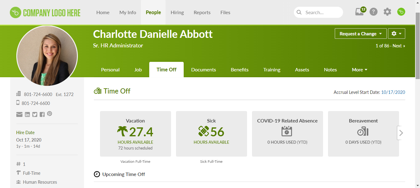 员工的样本资料Charlotte Danielle Abbott，在这里您可以查看福利、休假和来自人员仪表板的其他信息。
