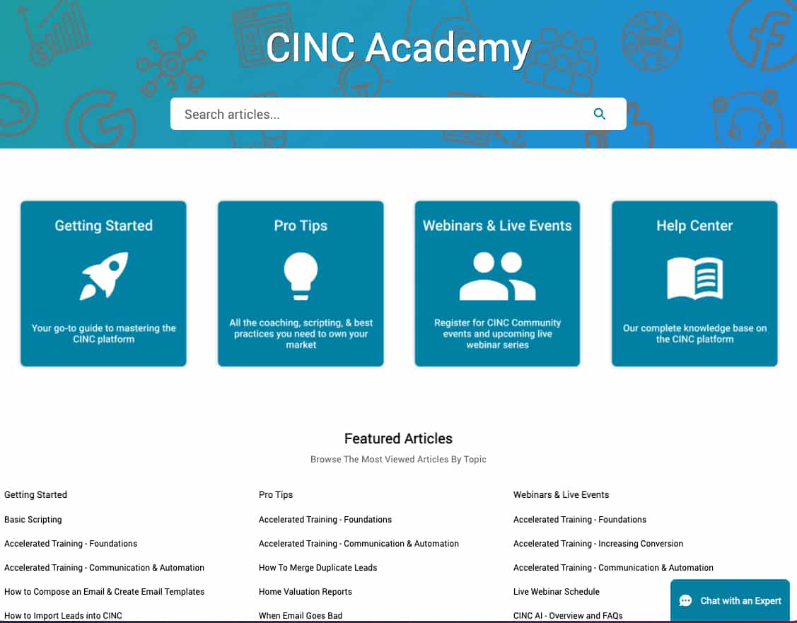 CINC学院页面的图片，有文章和选项。