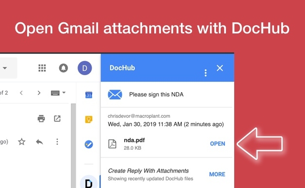 DocHub扩展在Gmail中的一个箭头指向“打开”按钮，该按钮指向DocHub签名工具。