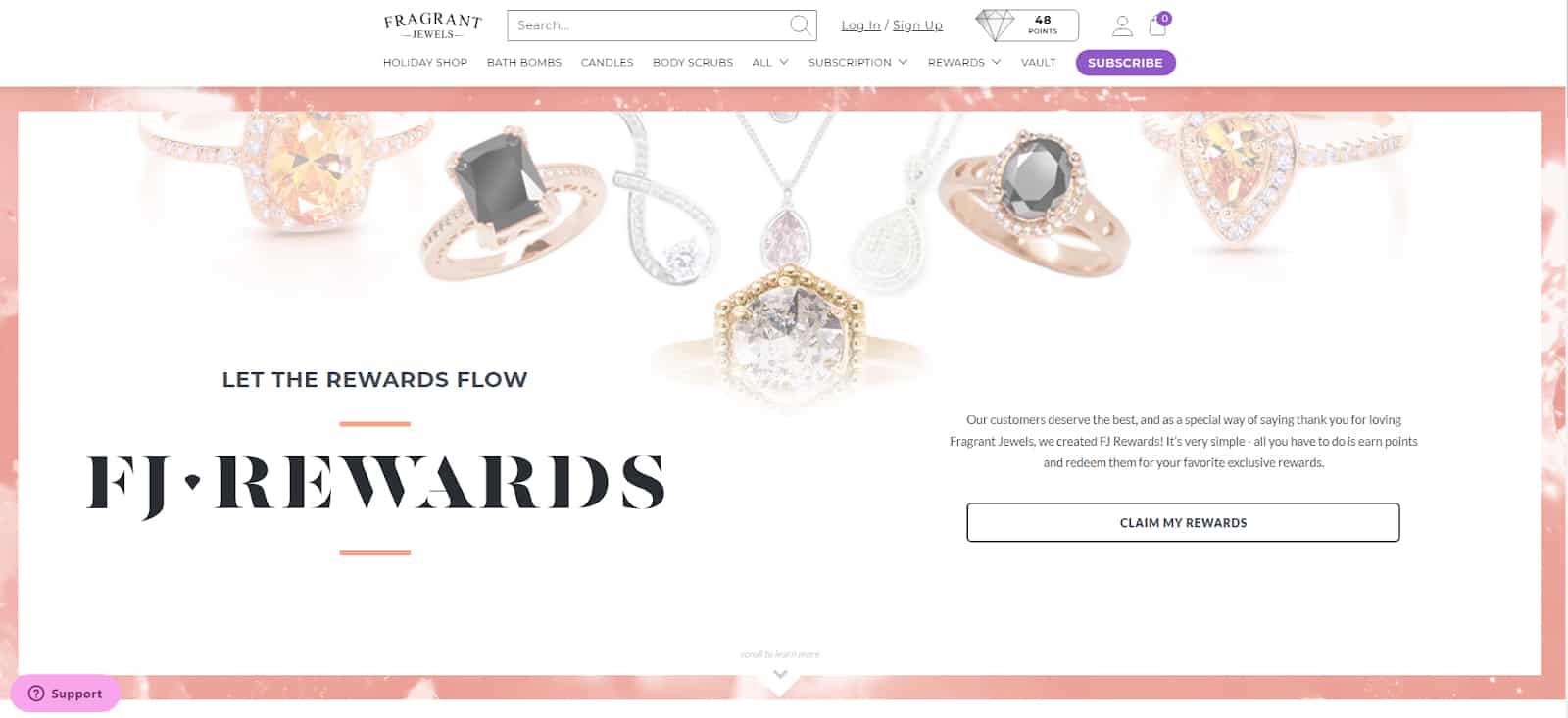 香氛珠宝的主页与顾客奖励按钮的形象。