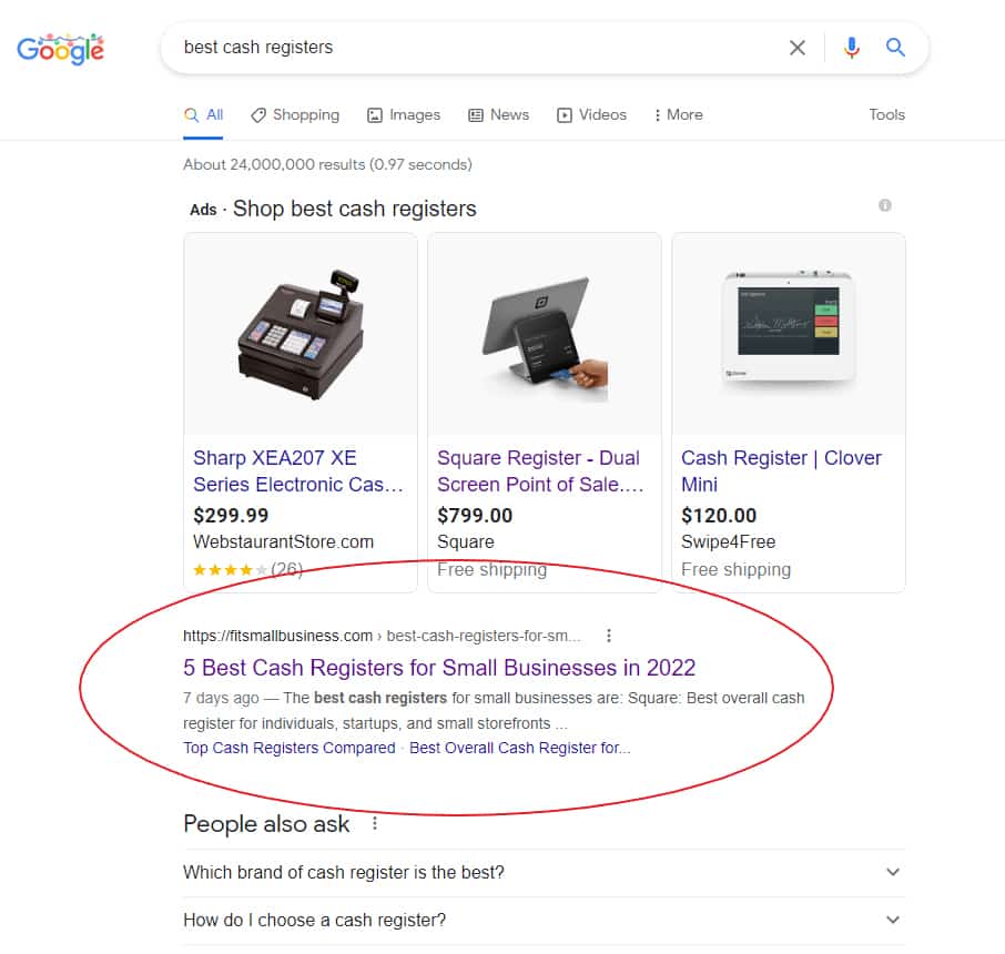 谷歌从“最好的收银机”搜索结果的例子。