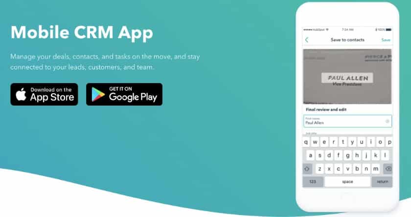 HubSpot移动客户关系管理应用在app Store和谷歌Play上的图片。