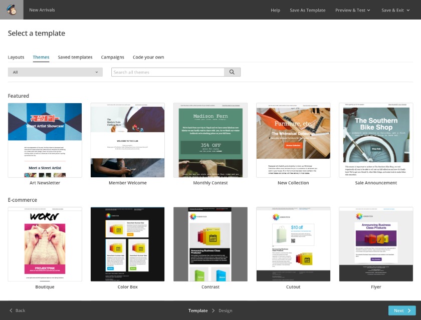 Selection of featured and e-commerce Mailchimp Email themes.