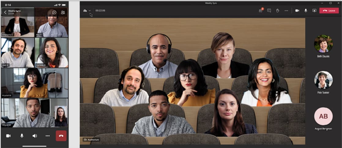 微软Teams视频会议界面，与会者使用在一起模式。