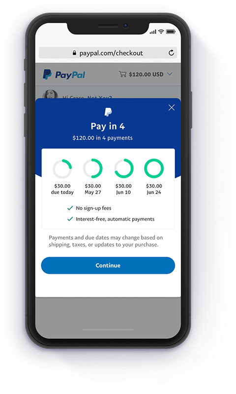 PayPal Pay Later饼图关于支付条款的信息。