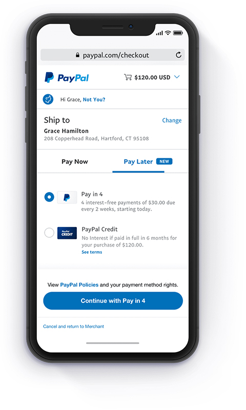 PayPal付款后付款选项结帐。