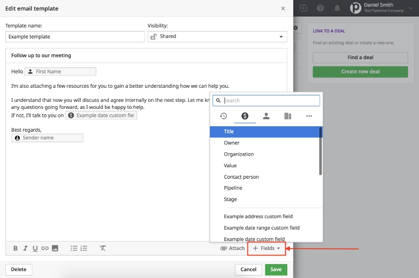 在Pipedrive的邮件模板中编辑和添加字段。