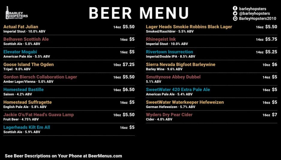 BeerMenus示例模板菜单Taproom & Draft House。
