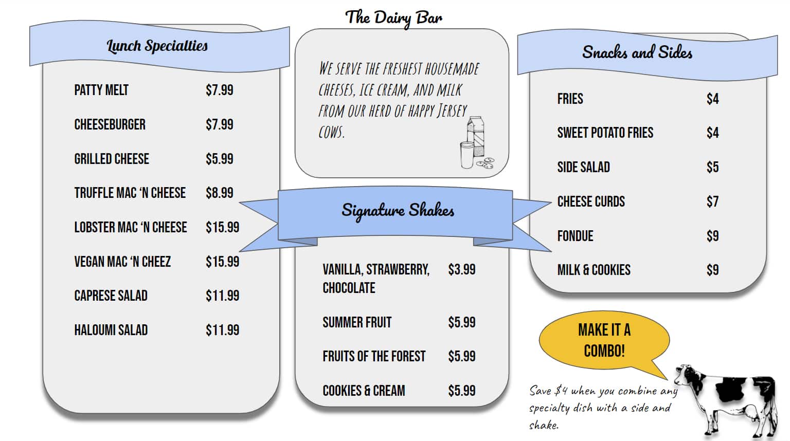 The Dairy Bar的模板菜单示例。