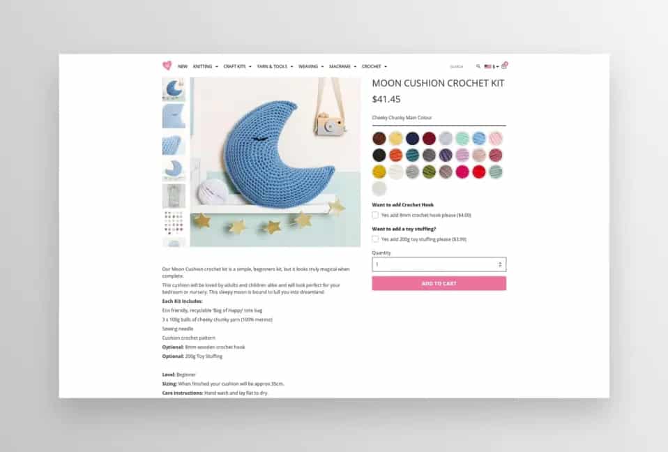 WooCommerce产品示例选项的纱线颜色和插件钩针和玩具填充物。