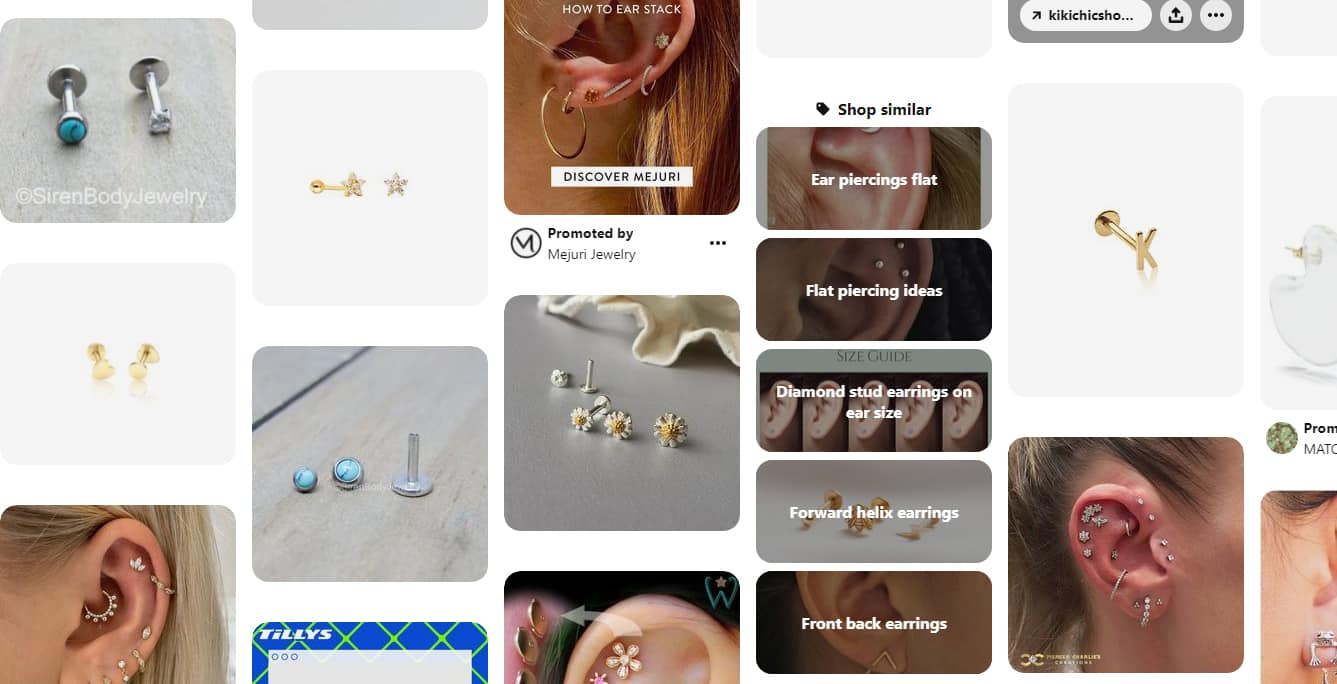 Pinterest搜索结果“平背耳环”的示例图片。