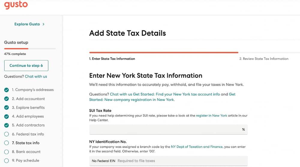 Gusto的税务设置页面示例;更多信息的链接用绿色字体显示。