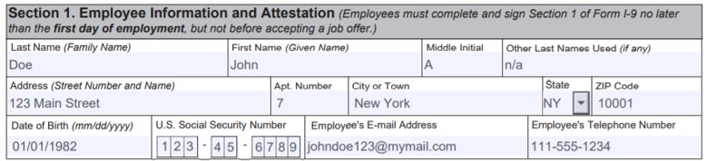 在表格I-9中显示已填写的员工信息框。