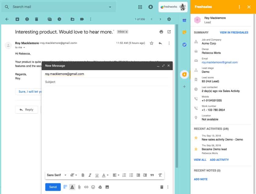 Freshsales集成了Gmail，允许用户轻松访问他们的客户和联系人的信息。