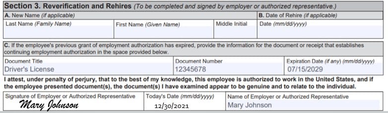 在表格I-9中输入复聘日期或验证文件。
