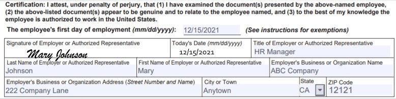 输入雇员入职日期并在表格I-9上签字。