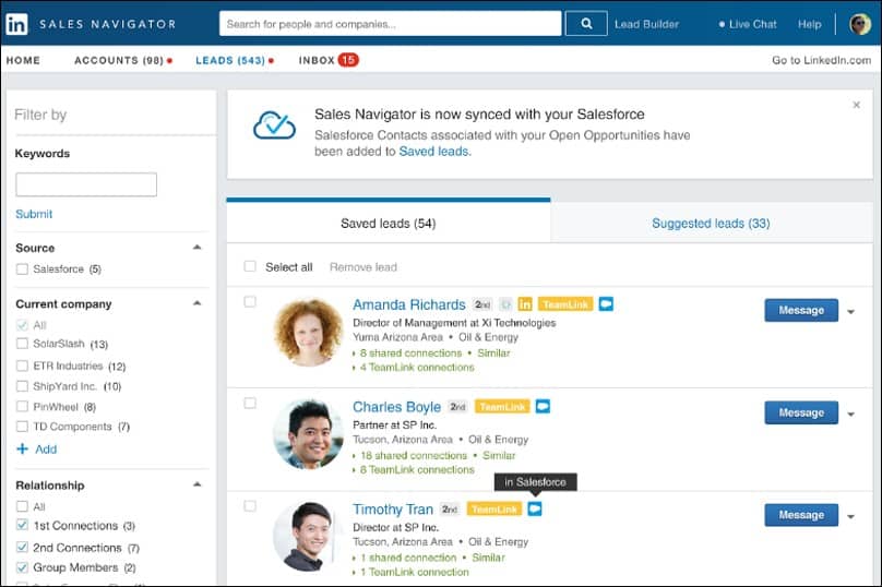 LinkedIn销售导航同步到Salesforce。