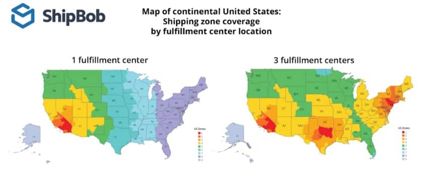 显示美国大陆航运区覆盖地图。