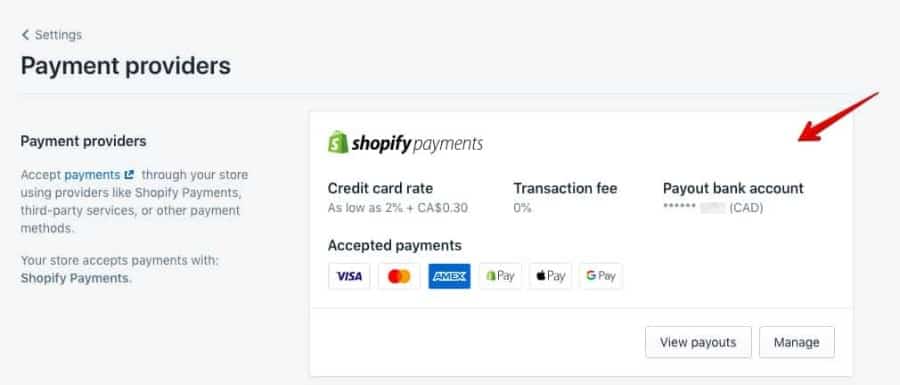 在Shopify仪表板中显示支付提供商。