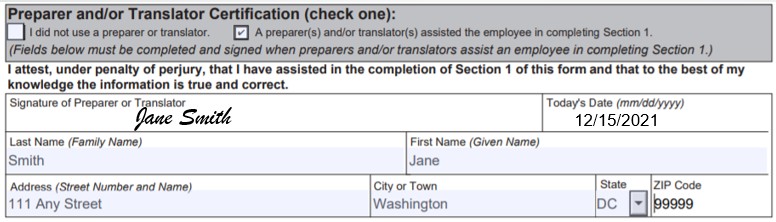 准备人员或翻译人员将在表格I-9上签名并填写姓名和地址信息。