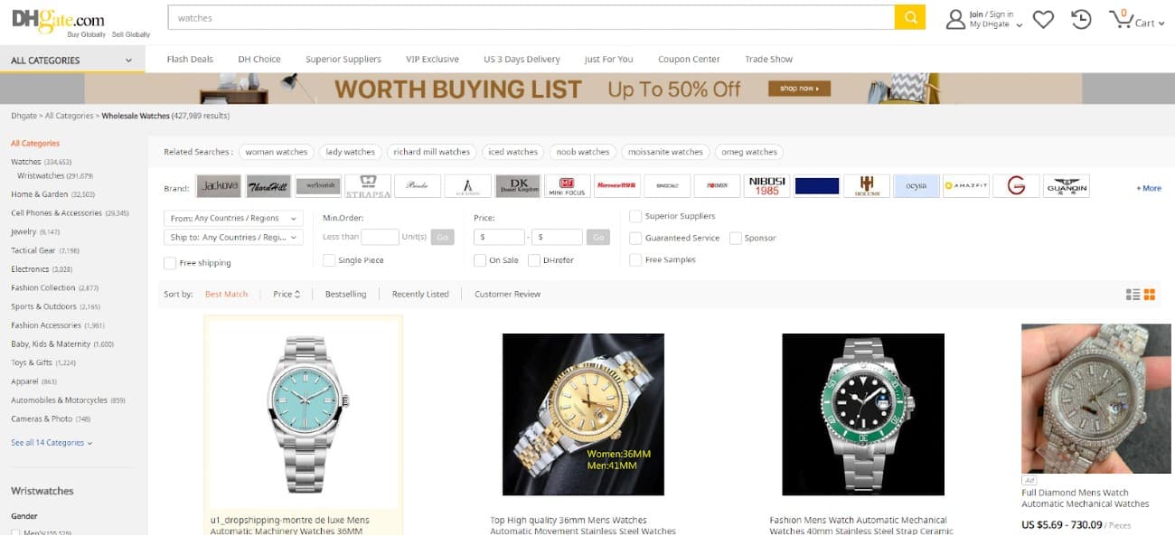 在DHgate上搜索中国手表批发的结果超过42万条。