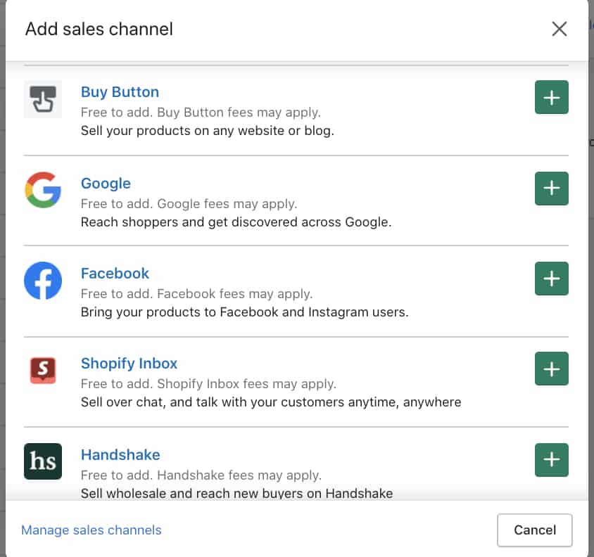 在Shopify中添加销售渠道，如Facebook, Shopify收件箱，谷歌和更多。