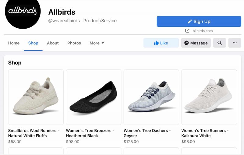 Allbirds Facebook商店页面。