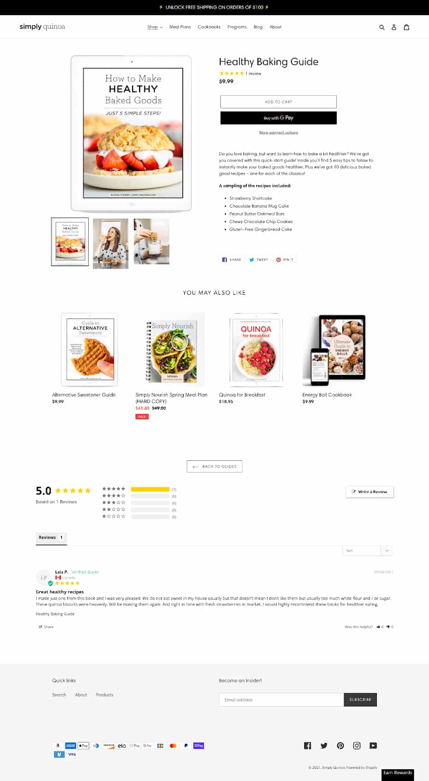 简单的藜麦产品页面与图书指南出售。