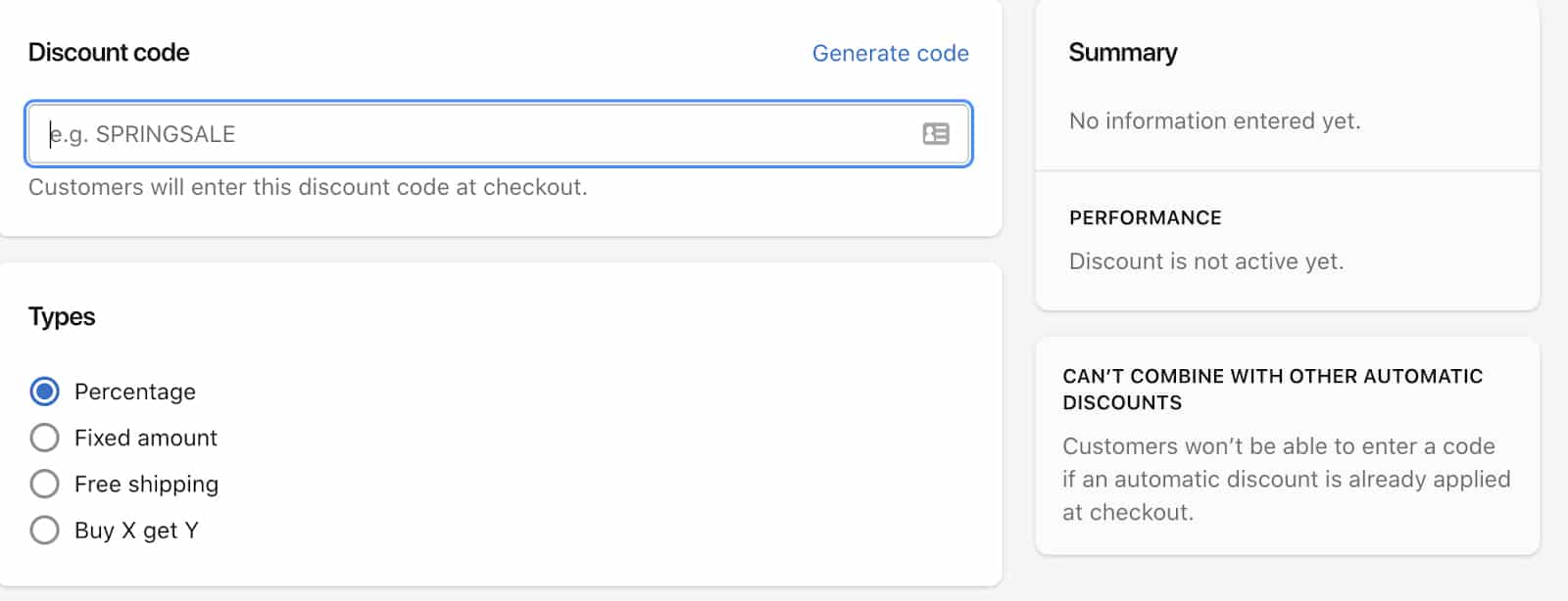 从Shopify仪表板创建折扣代码。