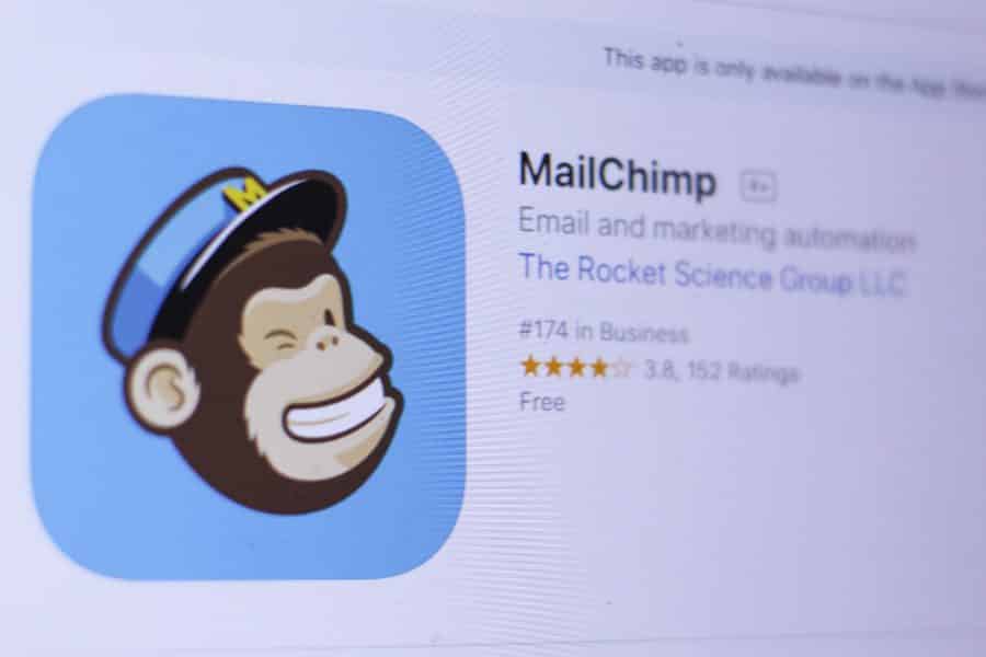 MailChimp app icon in an app store with star ratings.