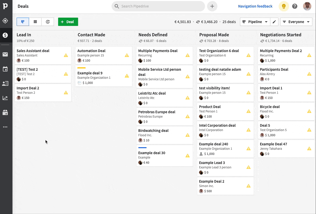 Animated graphic of moving a deal to a different sales pipeline stage in Pipedrive.