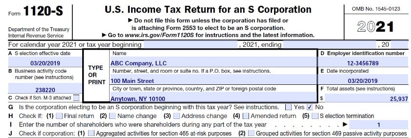 美国国税局1120S表的一般信息，如姓名和EIN。