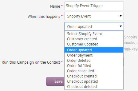 敏捷CRM Shopify事件活动触发选项。